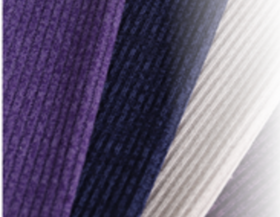 Fan of fine rib swatches in purple, navy and pale grey.